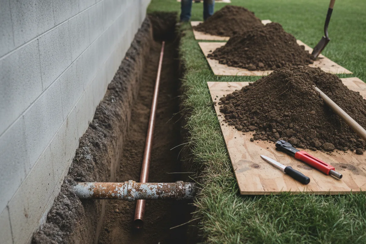 Excavated water line trench during Water Softener Installation in Palouse